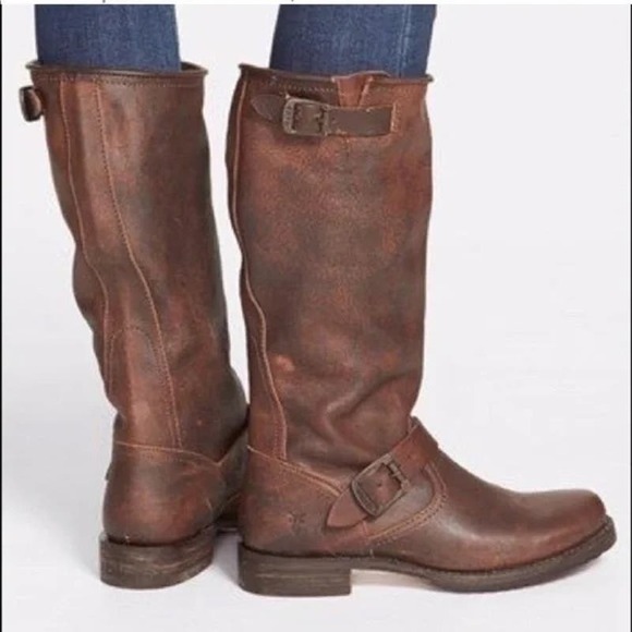 Frye Shoes - Frye Veronica Leather Slouch Buckle Boot Tarnished Brown